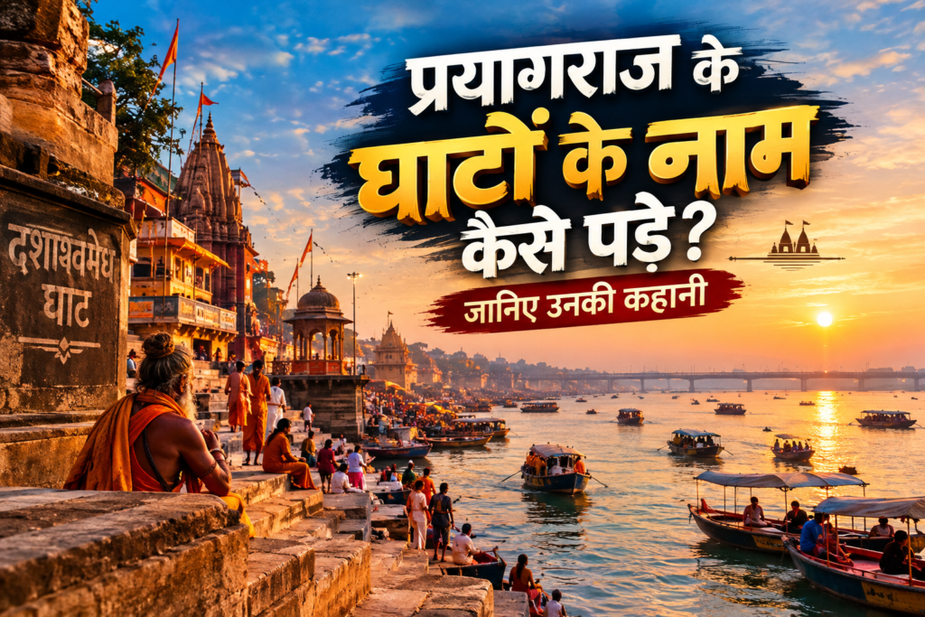 प्रयागराज के गंगा घाट पर नाव और श्रद्धालुओं का दृश्य