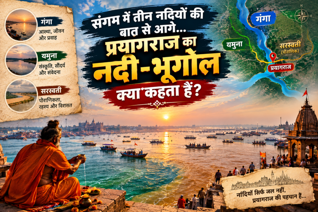प्रयागराज के संगम क्षेत्र में गंगा और यमुना का प्राकृतिक नदी परिदृश्य
