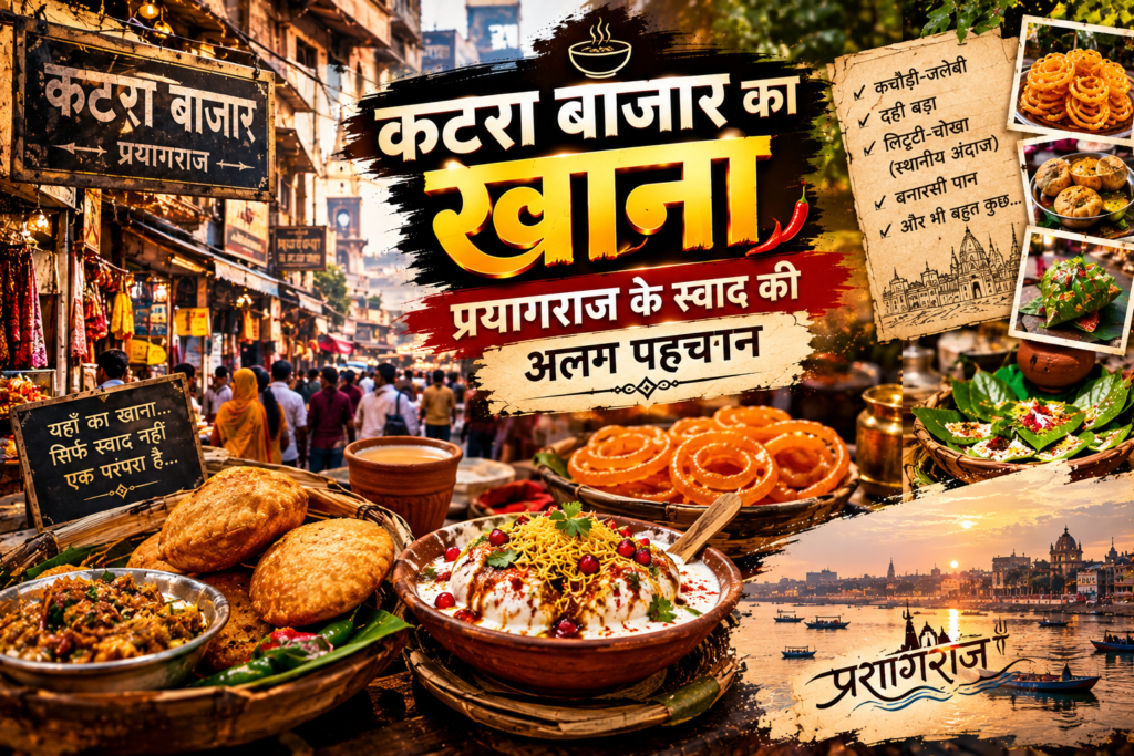 प्रयागराज के कटरा बाजार में स्थानीय नाश्ता और बाजार की चहल-पहल