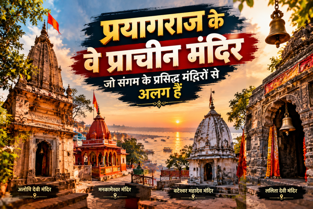 प्रयागराज के पुराने मंदिर का स्थानीय श्रद्धालुओं और पारंपरिक वातावरण के साथ दृश्य