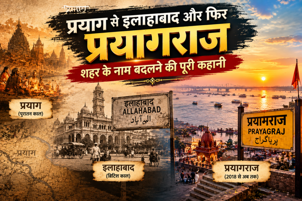 प्रयाग से इलाहाबाद और प्रयागराज तक शहर के नाम की ऐतिहासिक यात्रा दर्शाता प्रयागराज संगम और किले का दृश्य